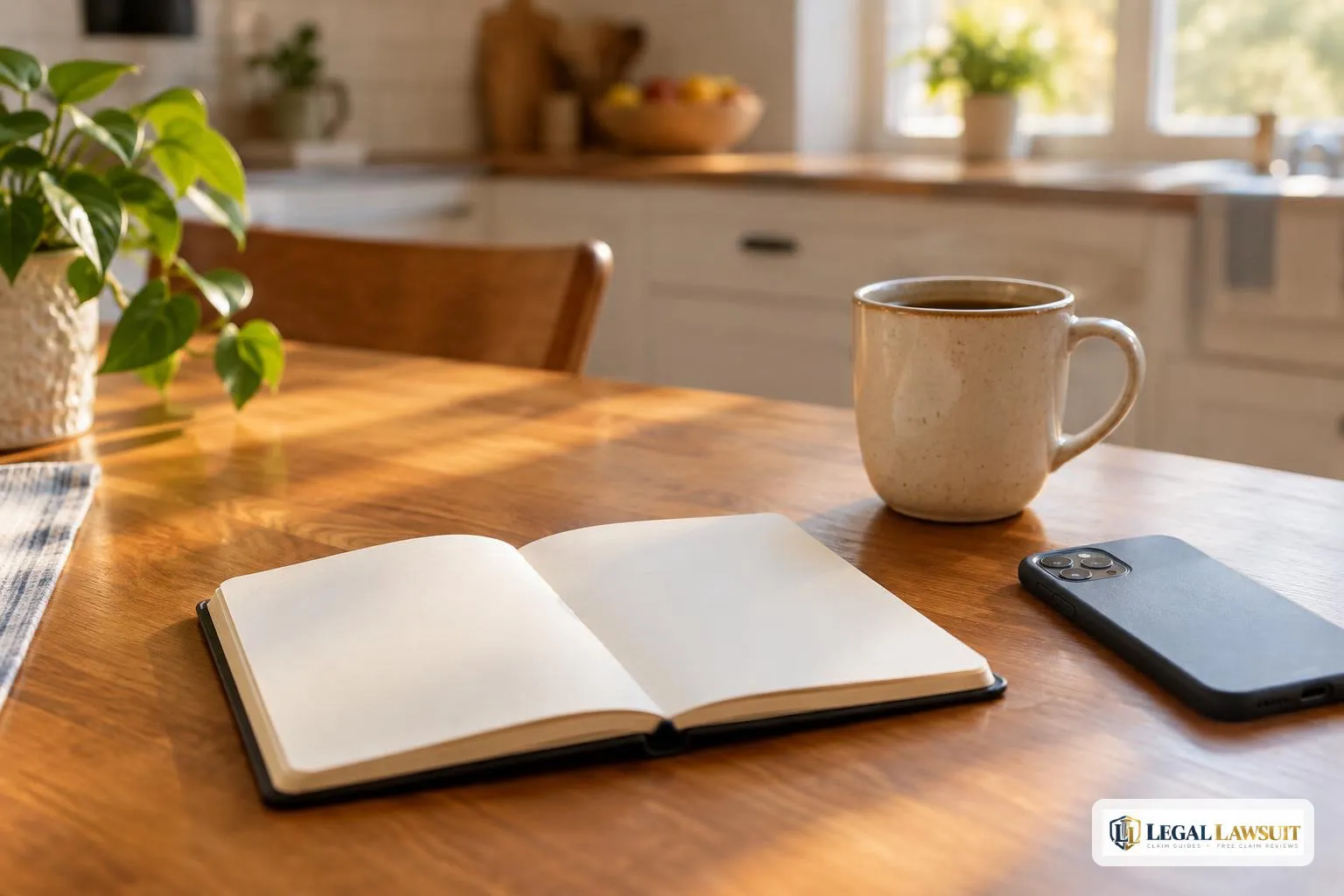Open blank notebook and phone on a kitchen table, used to track the 30-day deadline for an OSHA retaliation complaint