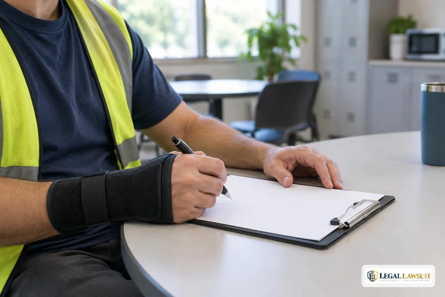Worker with a wrist brace preparing to report a work injury at a break-room table, aware of retaliation protections