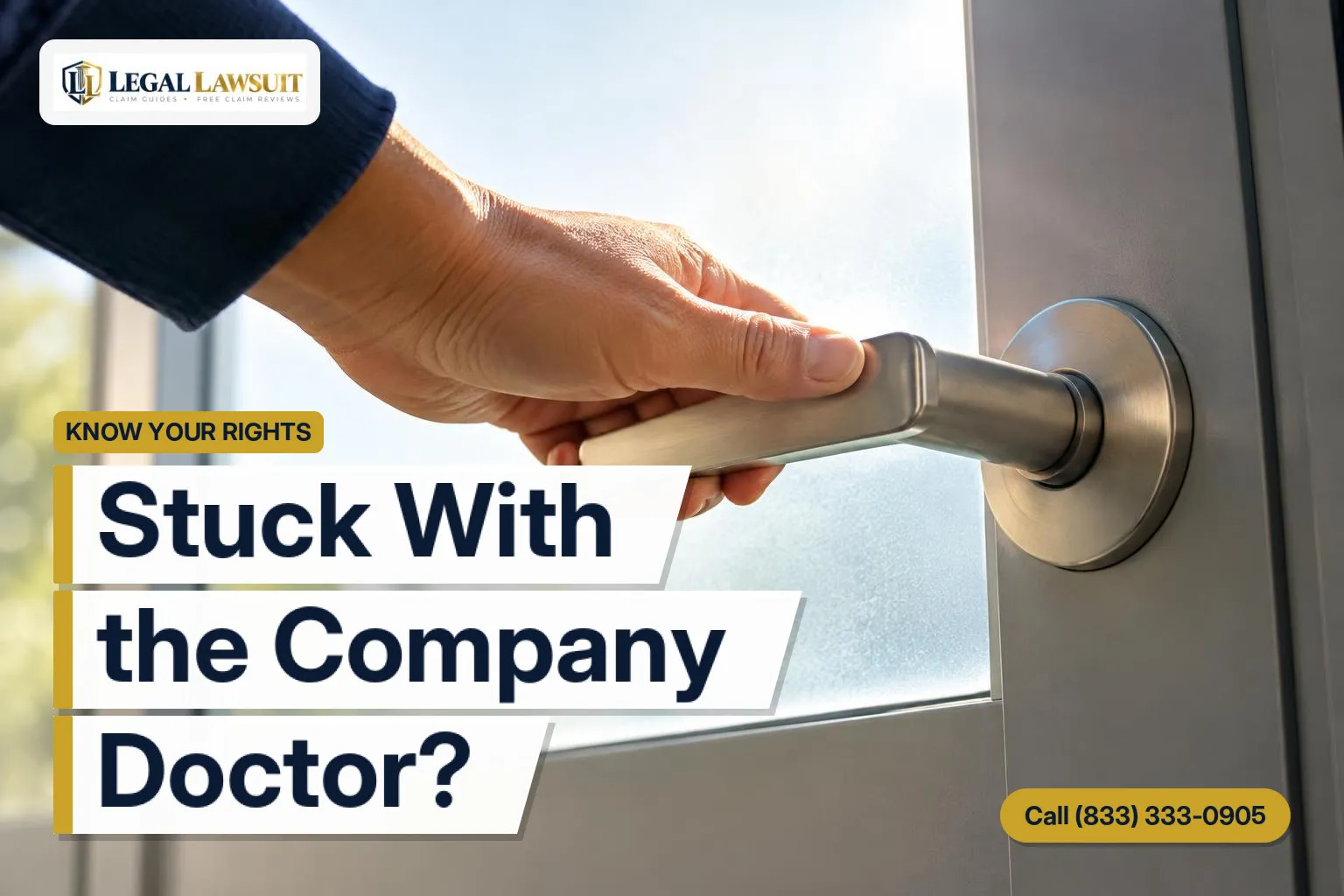 Hand on a clinic door handle, representing choosing a doctor for a workers’ comp injury