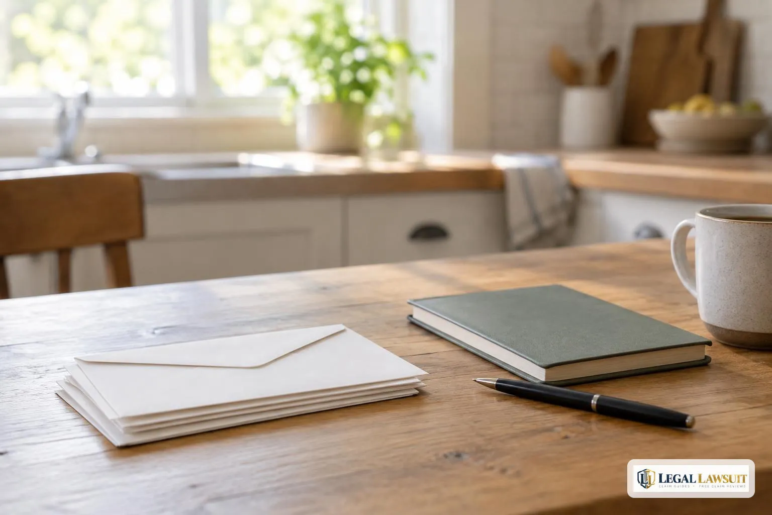 Quiet kitchen table with blank envelopes and a notebook for tracking a trial work period month by month