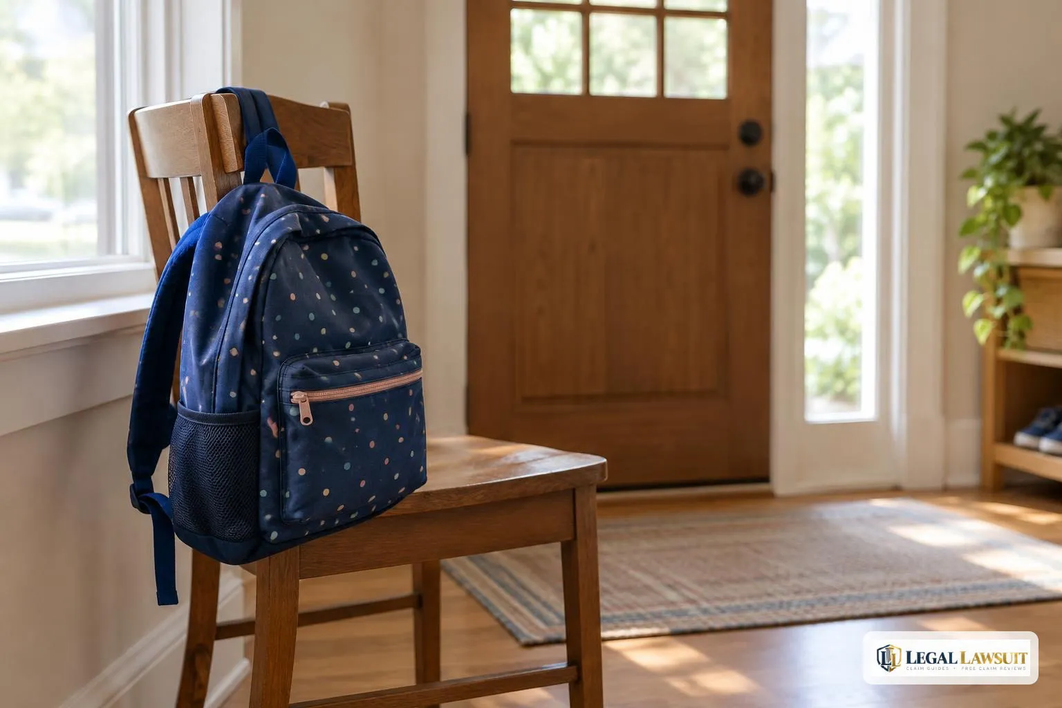 School backpack on a chair by the door, illustrating SSDI benefits for children still in school