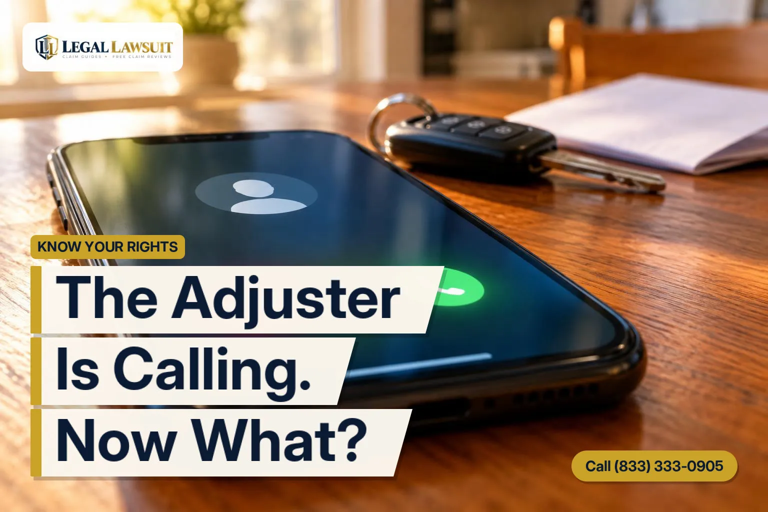 Phone ringing on a kitchen table, the first step in dealing with an insurance adjuster after a car crash