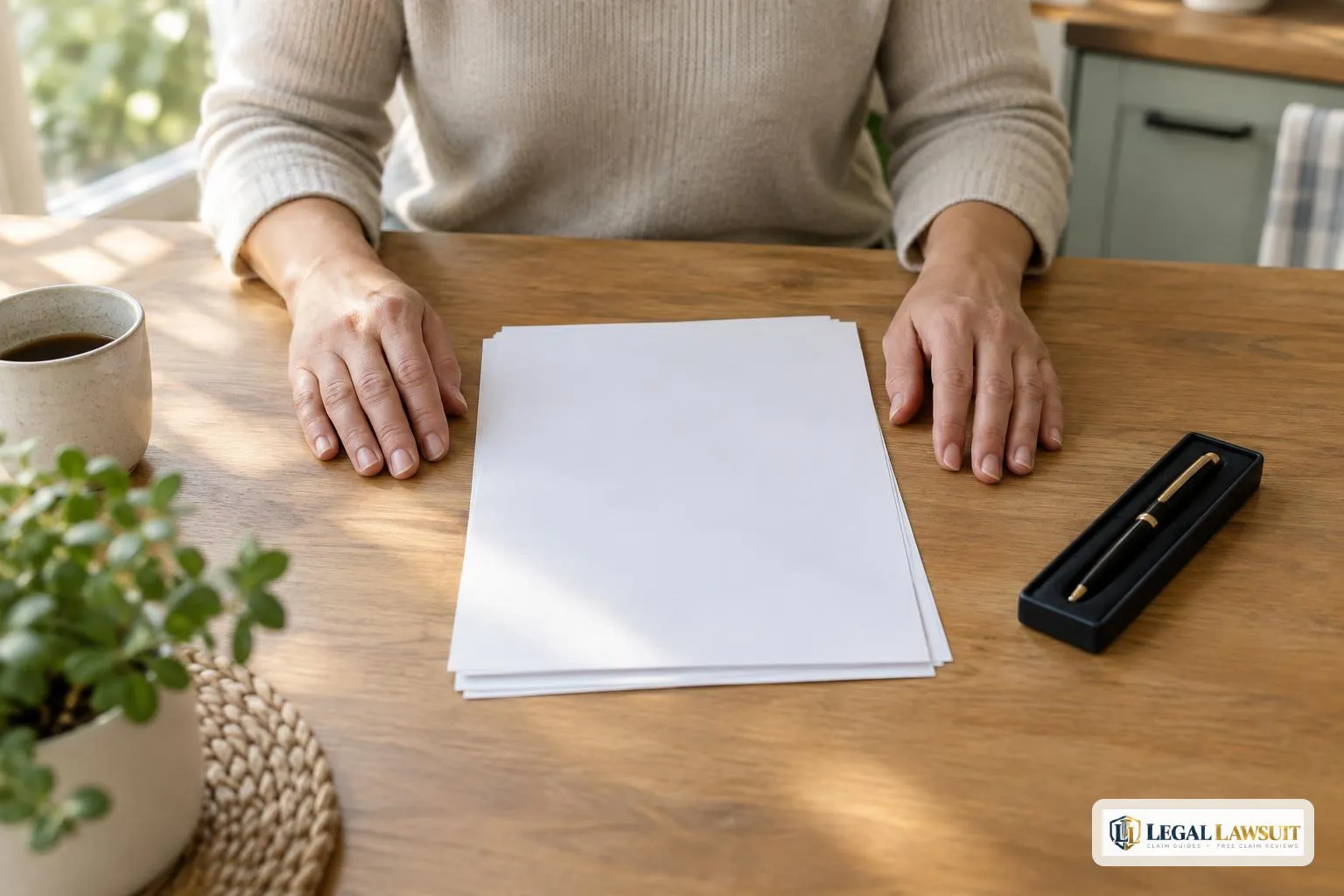 Hands resting beside blank papers, pausing before signing a release after a car accident