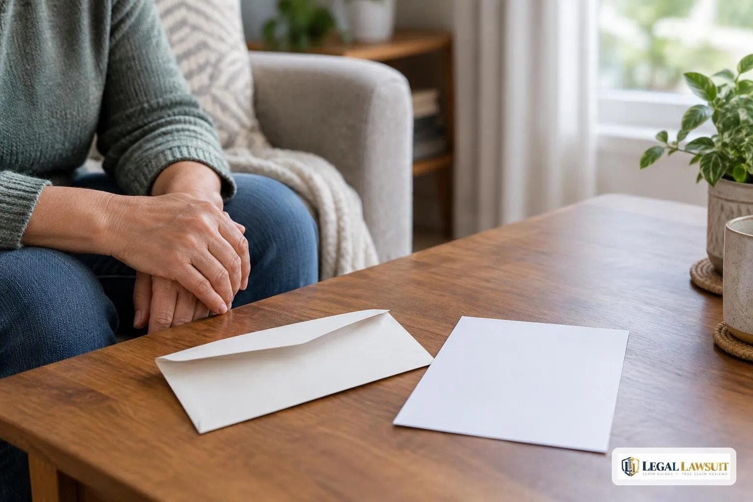 Opened envelope and face-down page beside hands preparing to review an SSDI hearing decision