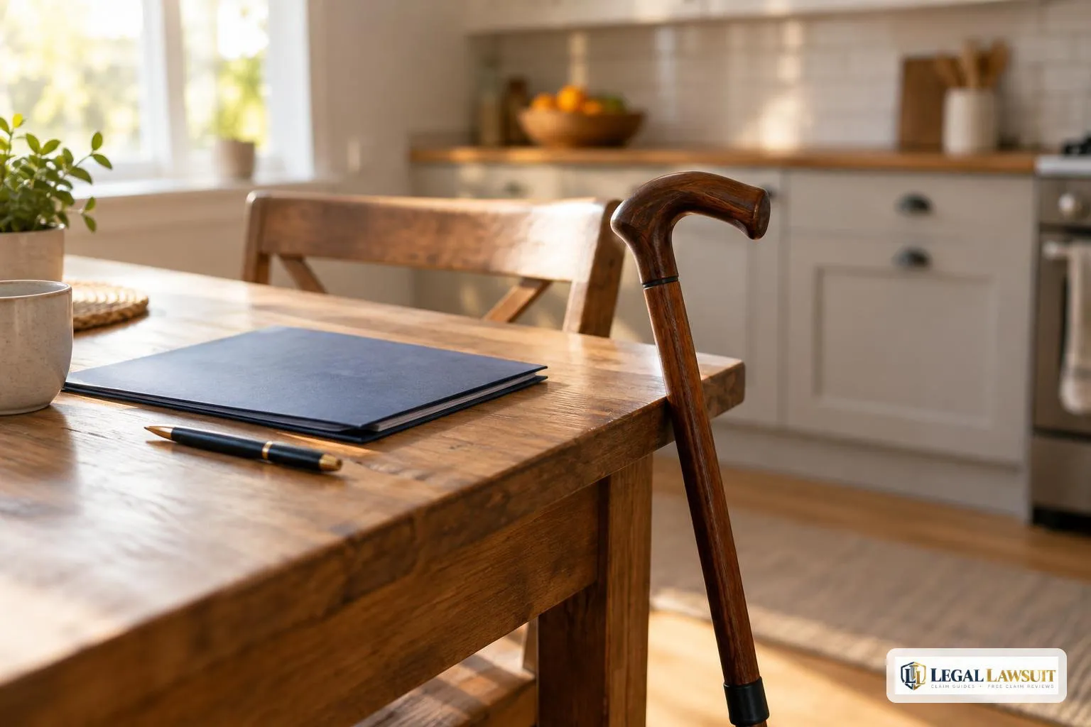 Cane leaning on a kitchen table beside a closed folder, preparing to use the SSDI lump-sum election