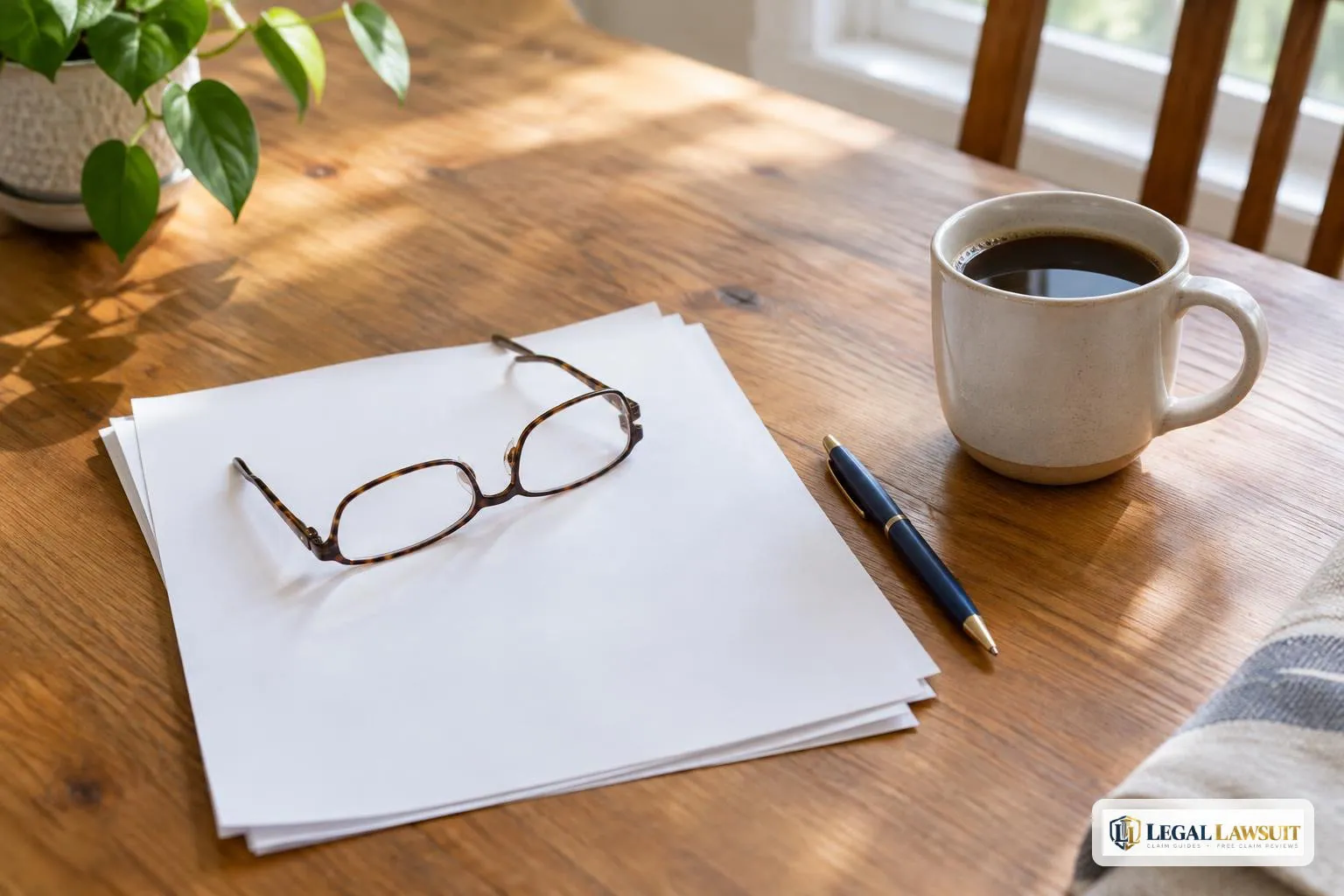 Reading glasses on blank papers at a kitchen table while checking SSA-1099 back pay figures