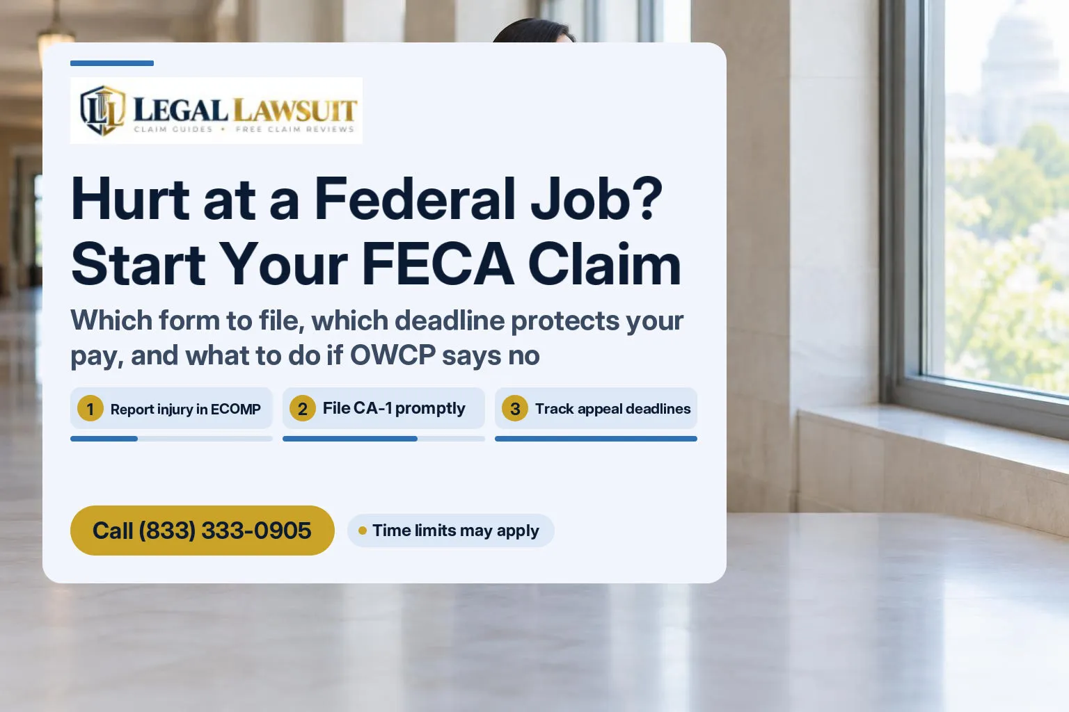 Federal employee wearing a wrist brace in an office hallway, thinking about filing a FECA claim