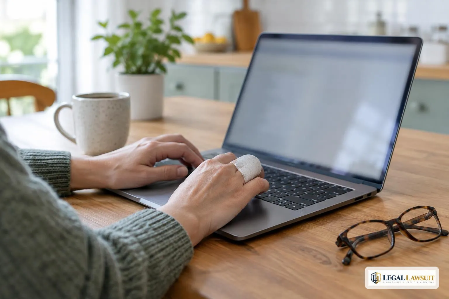 Injured worker typing on a laptop at home to start an OWCP claim online