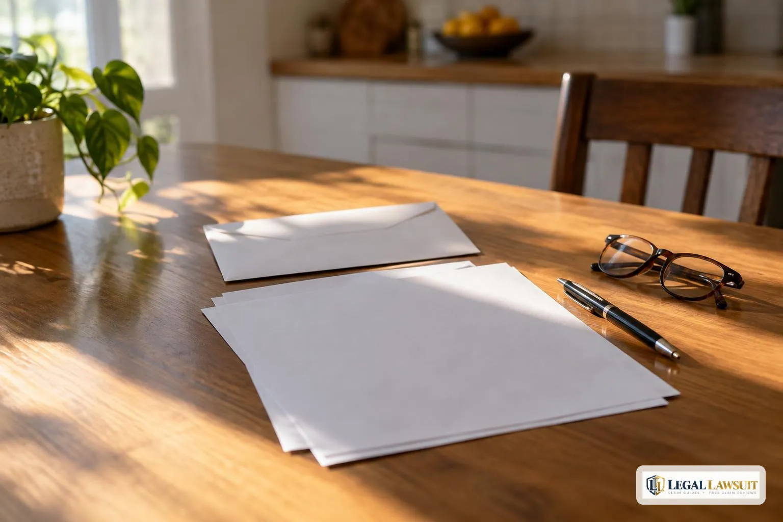 Blank papers and an envelope on a sunlit table while following up on a pip claim florida payment