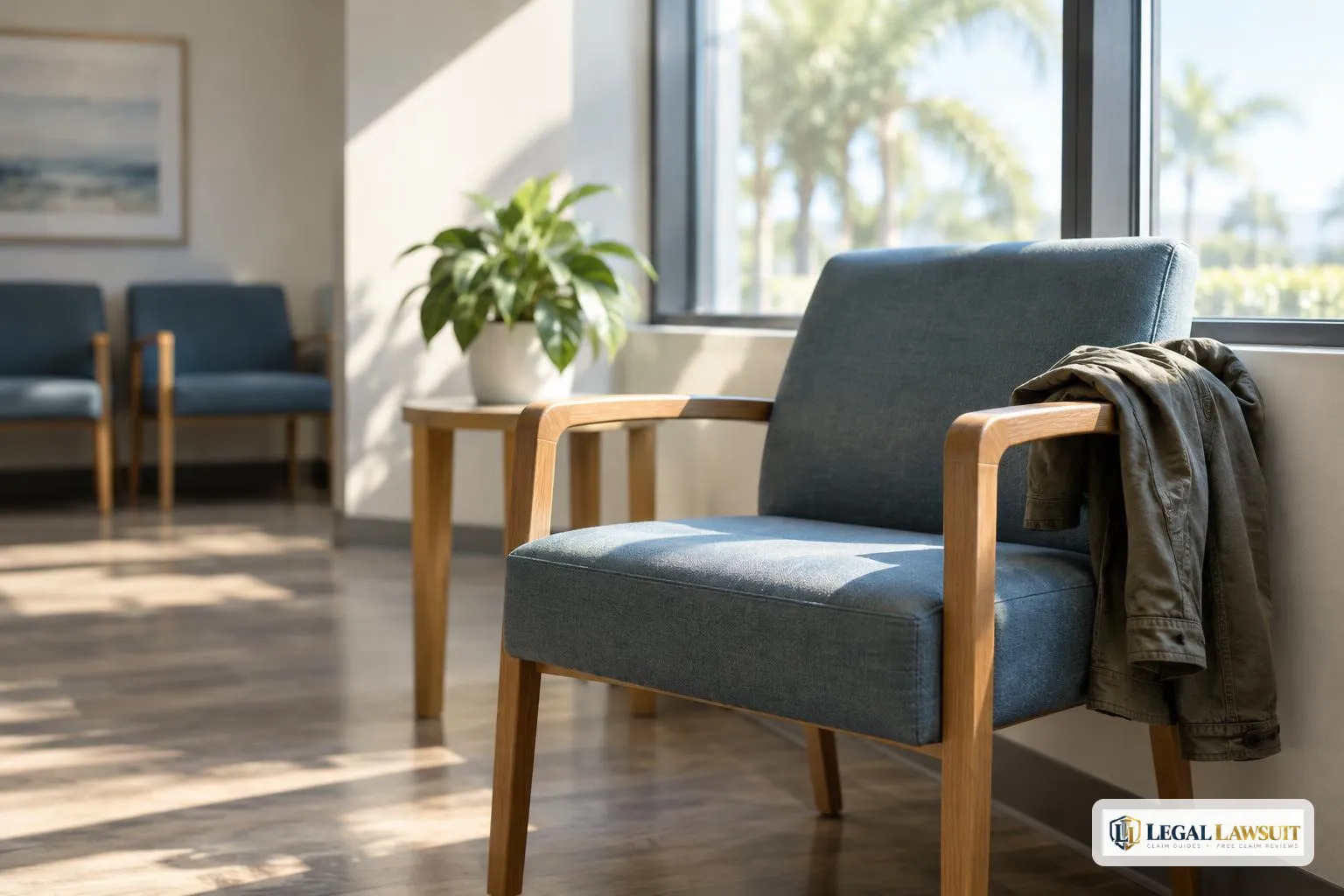 Empty clinic waiting room chair in window light, a first visit under the Florida PIP 14 day rule