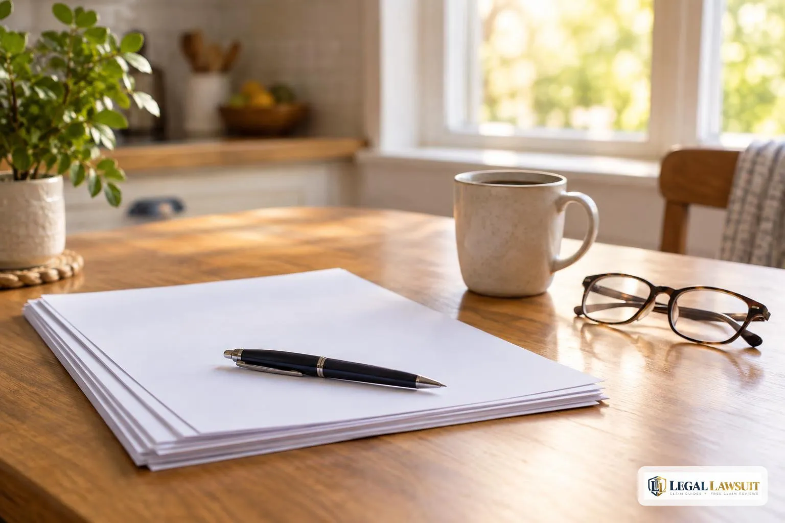 Kitchen table with blank papers and a pen, ready to check the maximum weekly workers comp benefit