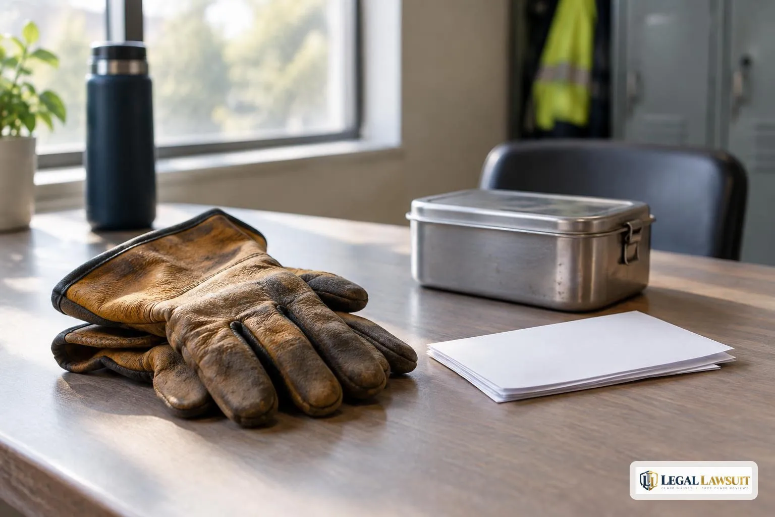 Work gloves next to face-down pay stubs used to figure average weekly wage for workers comp