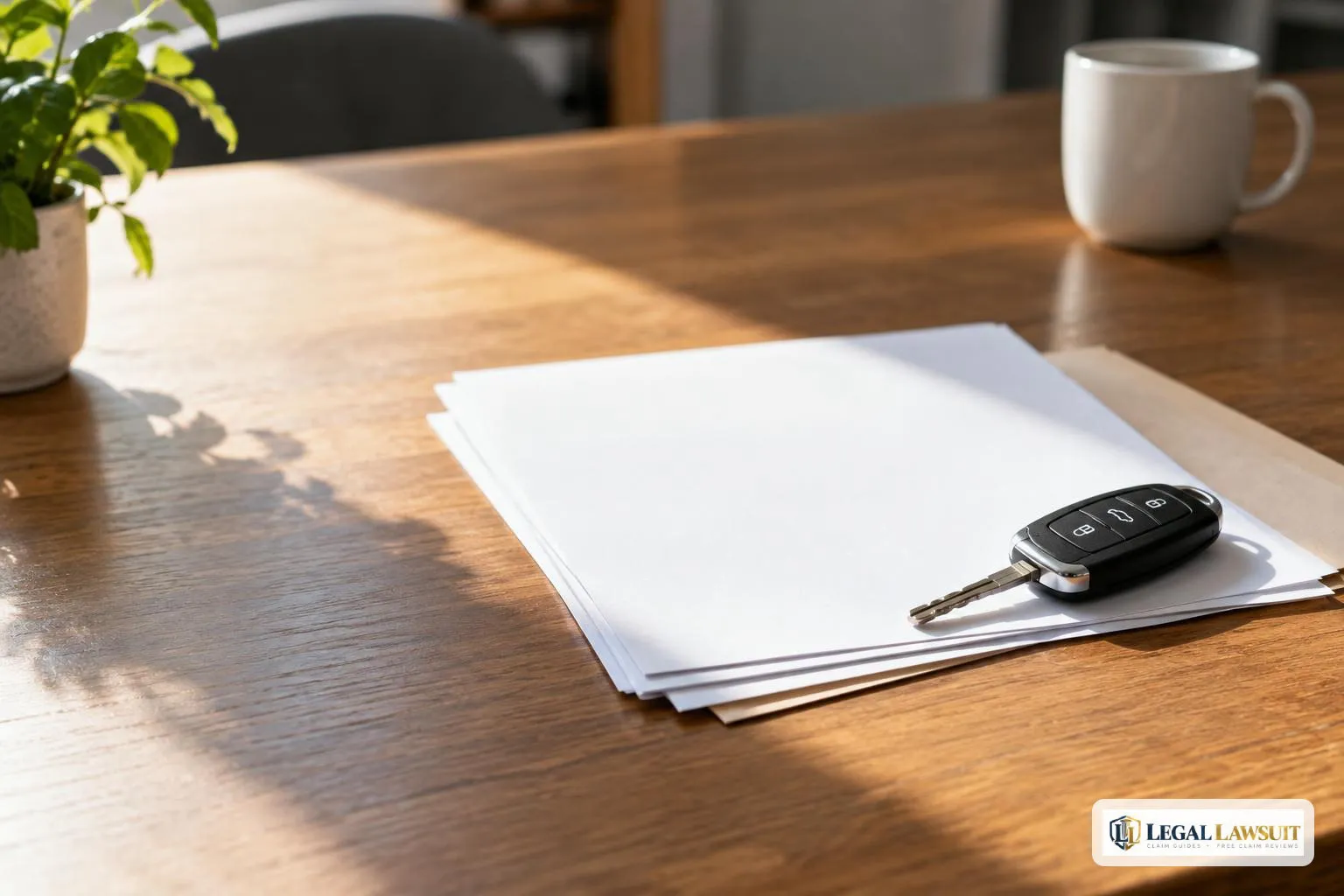 Blank papers and a car key in sunlight, showing the paperwork that slows down a car insurance claim