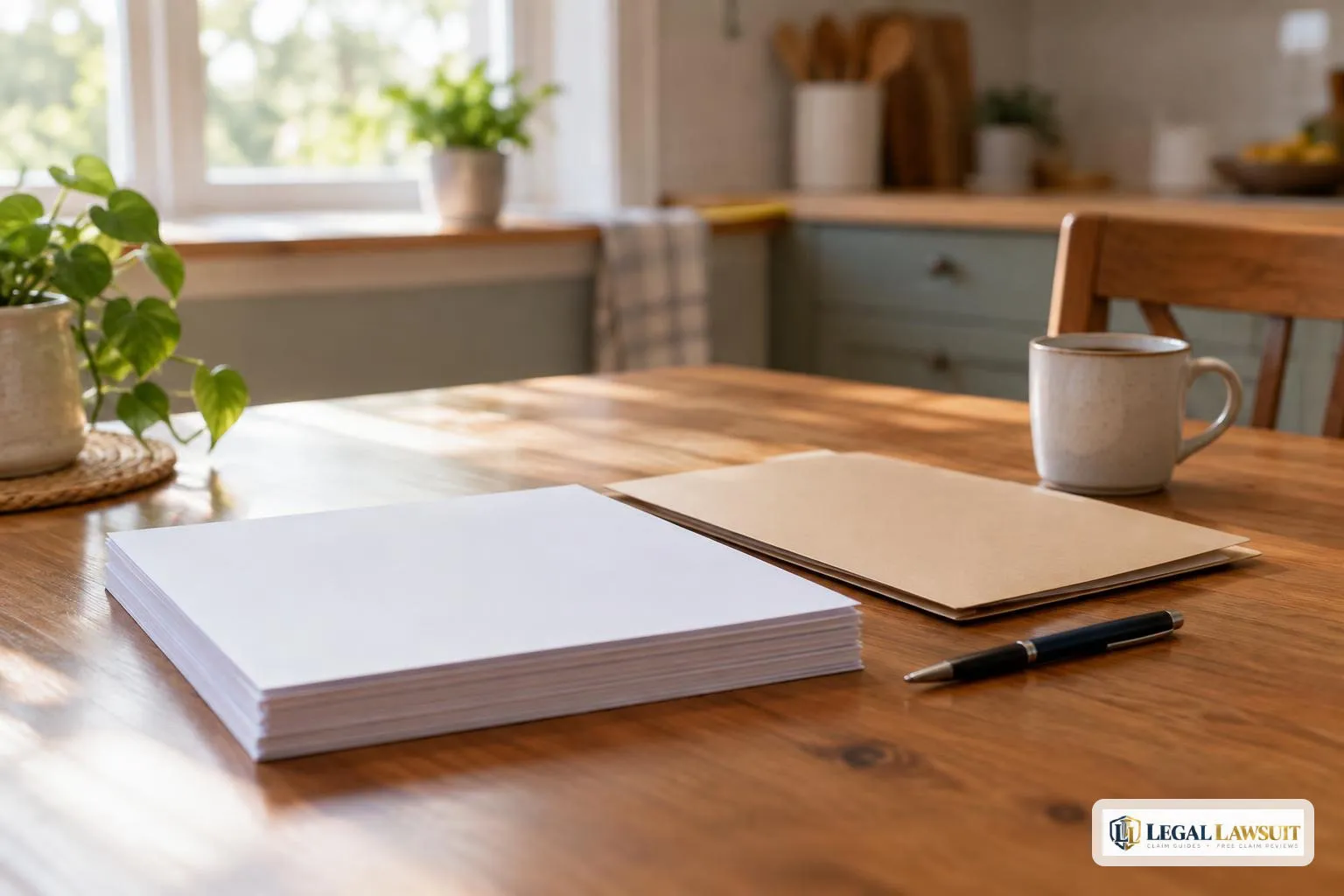 Blank paperwork and a folder on a sunlit kitchen table, ready for new evidence during SSDI reconsideration processing time