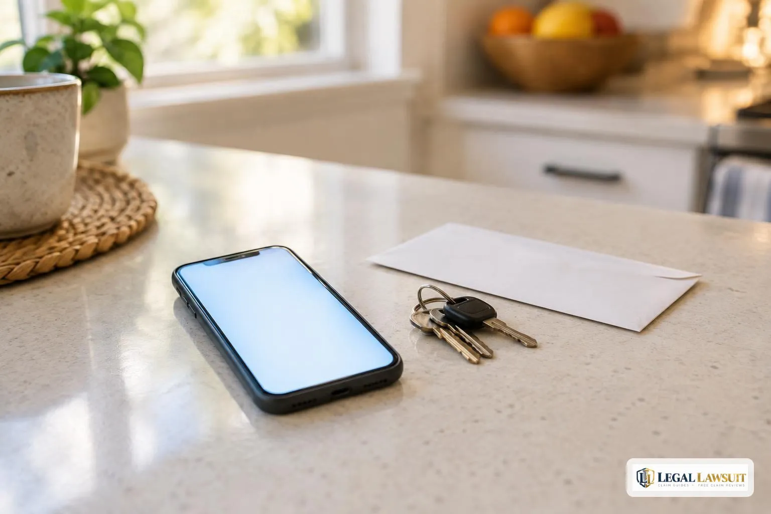 Phone glowing face-up on a kitchen counter while someone checks the status of a reconsideration online