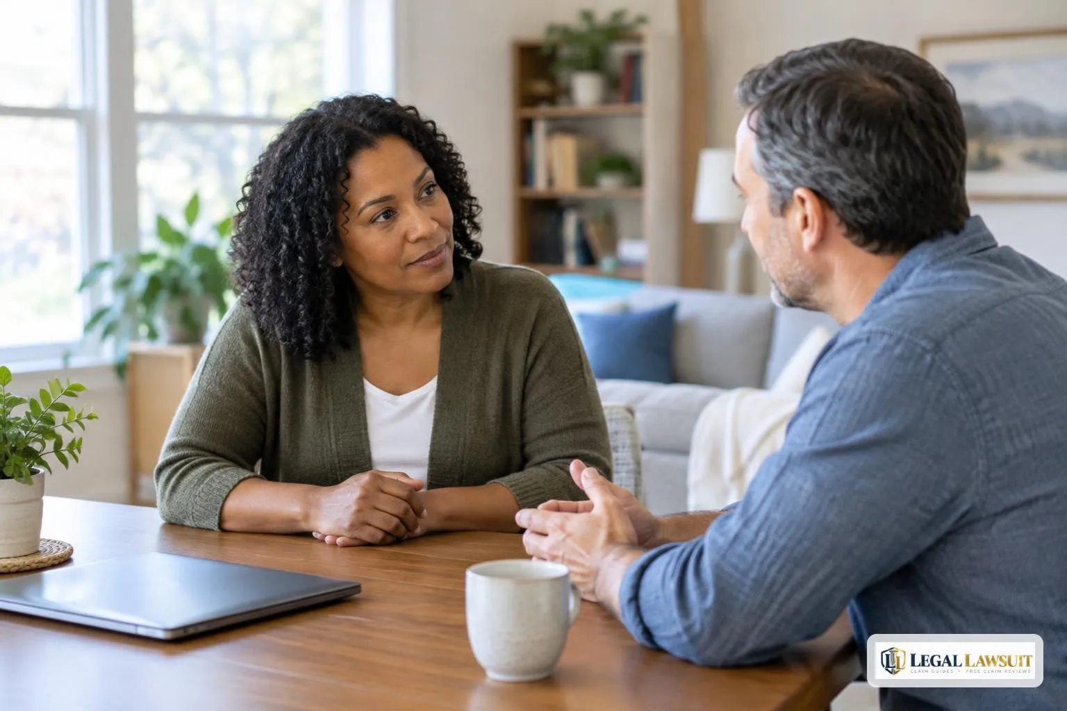 Two adults discussing appealing versus reapplying for SSDI at a home table