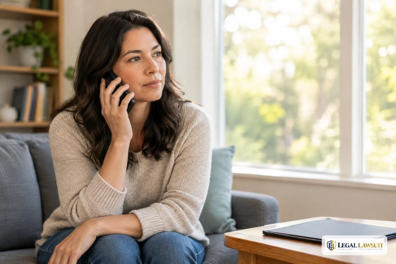 An adult makes a phone call to ask about an insurance settlement complaint.