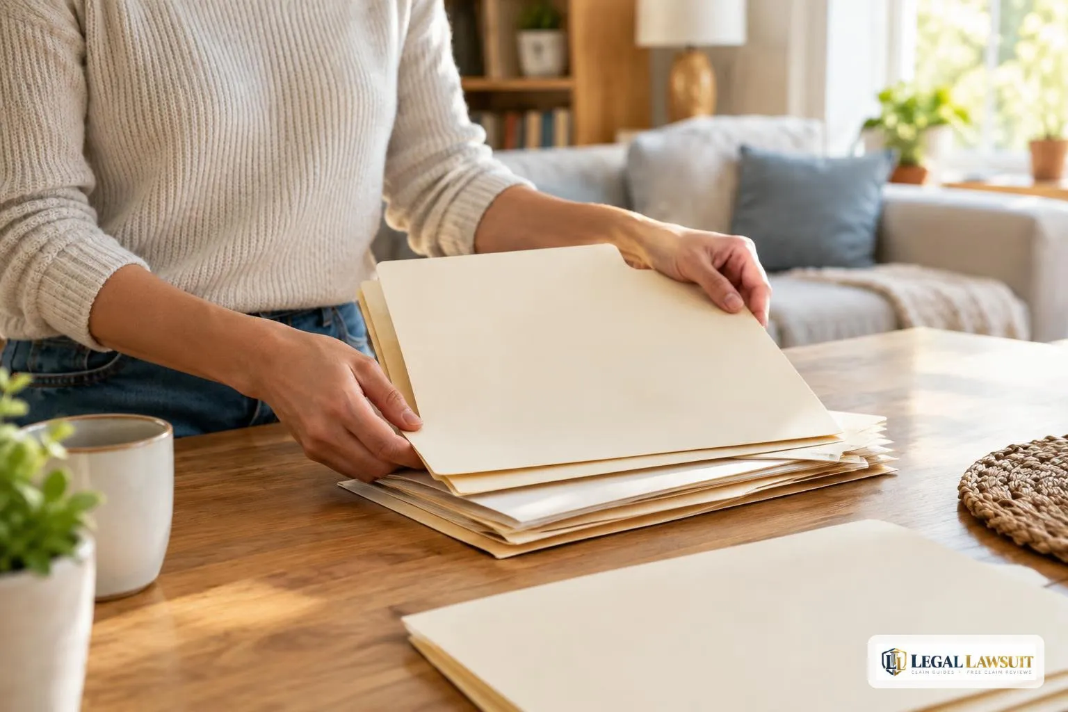 An adult organizes unmarked folders while gathering medical evidence for an injury claim.