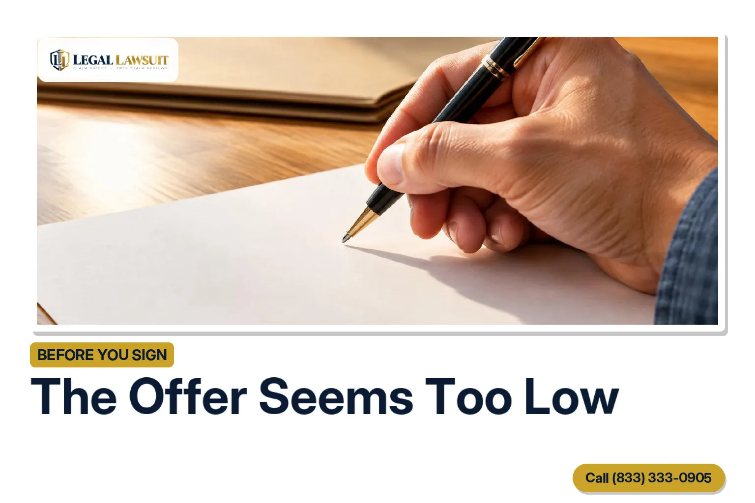 A hand pauses with a pen above blank paper while considering a lowball injury settlement offer.
