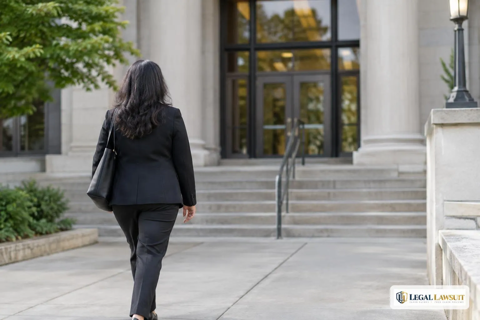 Adult approaching a courthouse entrance for a federal court SSDI appeal