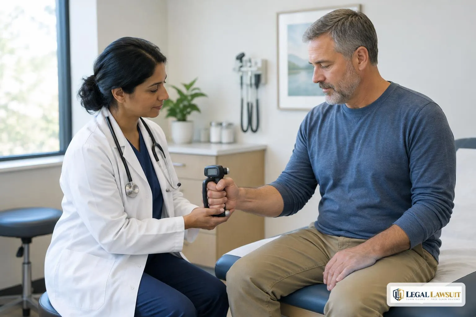 Doctor testing a patient's grip strength, showing what to expect at a disability medical exam