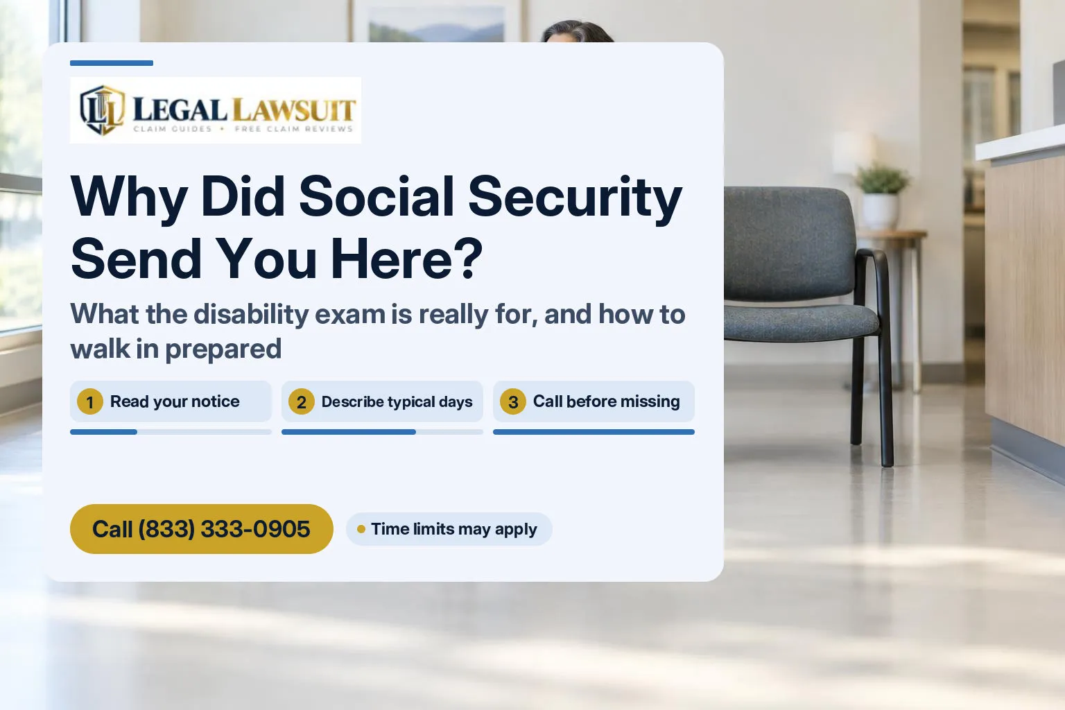 Adult waiting in a clinic before an SSDI consultative exam, holding a folder of medical records