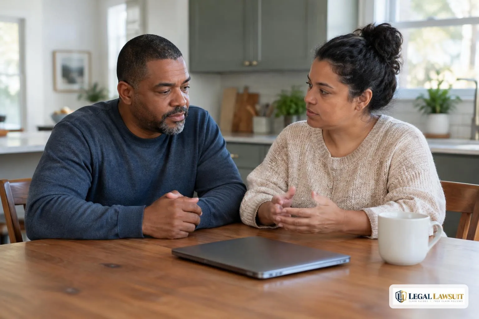 Two adults discussing household finances while considering SSI and SSDI together