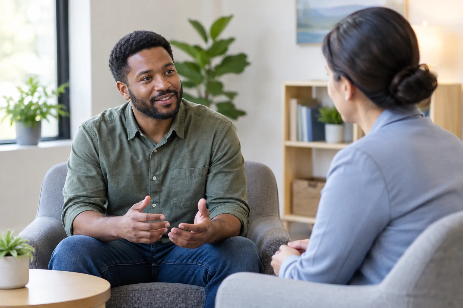 Adult discussing employment goals with a counselor in an accessible office