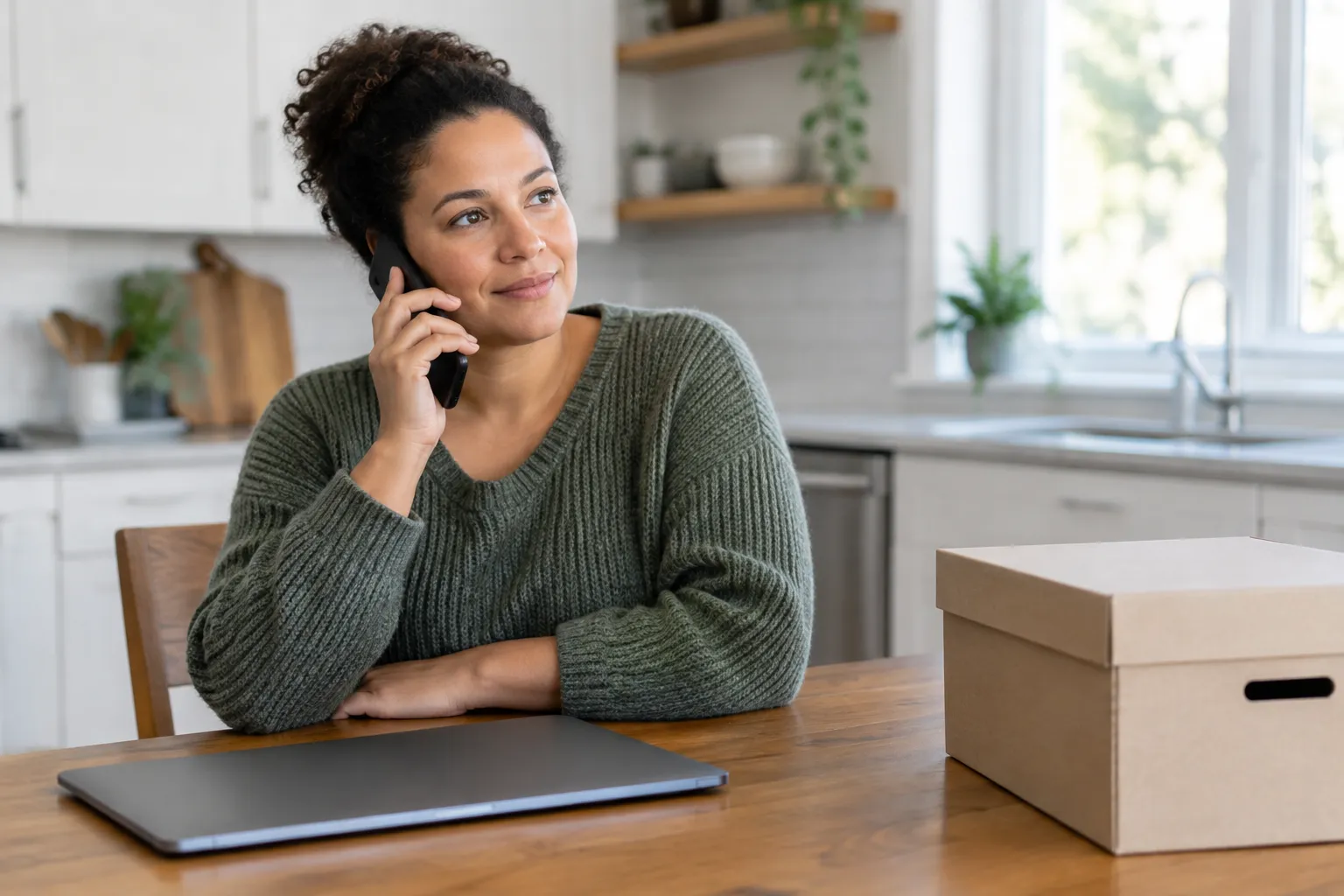 Adult making a phone call at a kitchen table beside a closed laptop