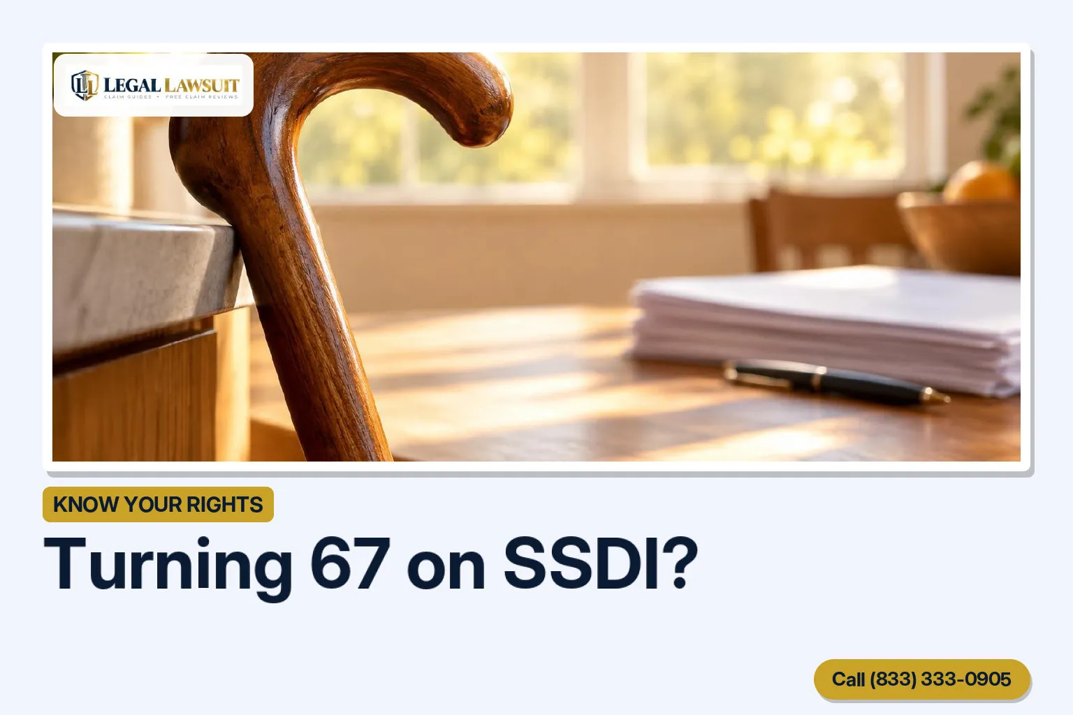 A cane leaning on a sunlit kitchen table with blank paperwork, illustrating what happens to SSDI when you reach retirement age