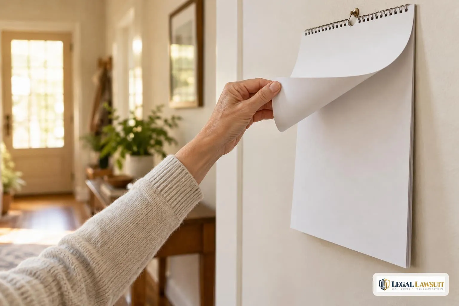 Hand turning a blank wall calendar page, marking the full retirement age by birth year