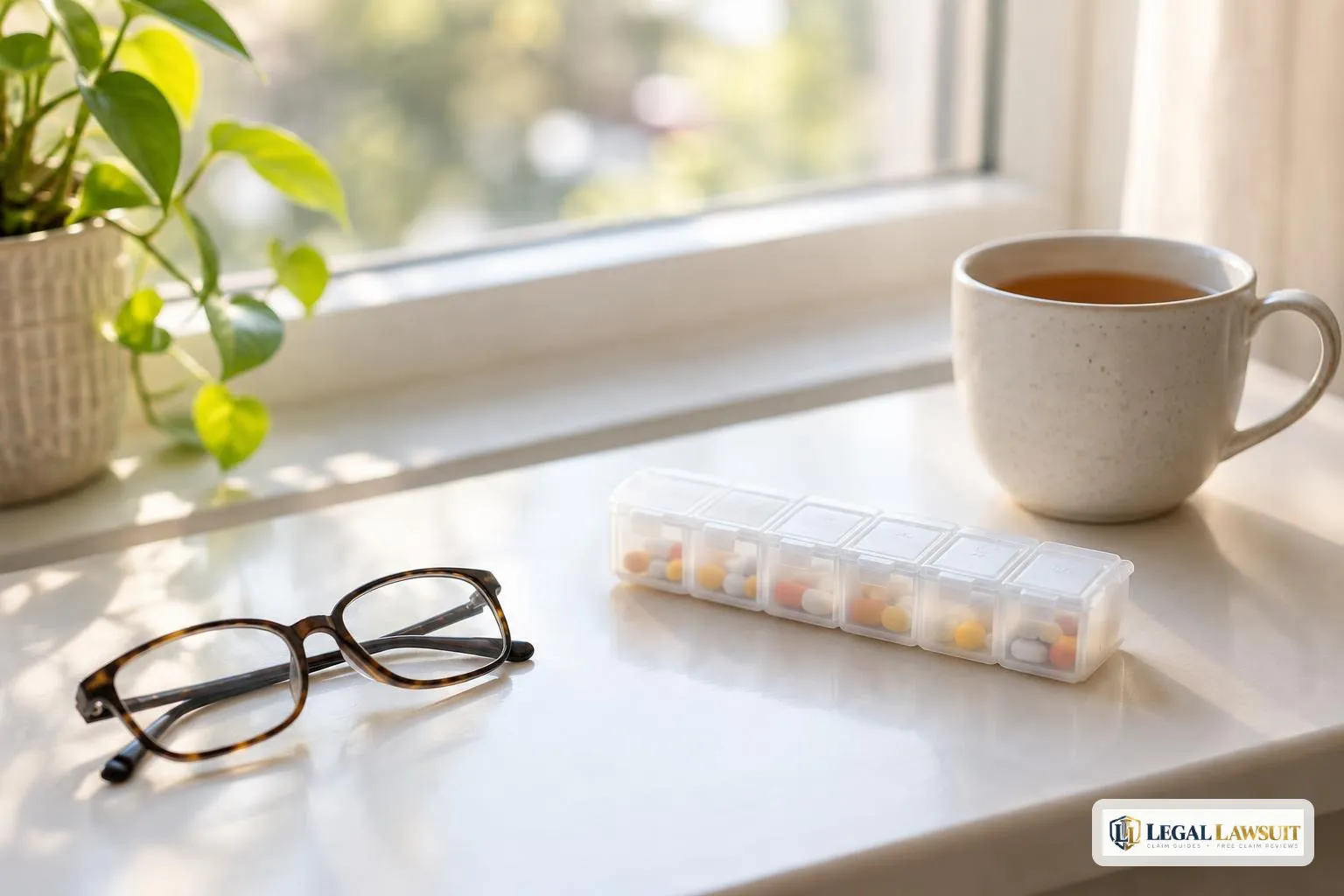 Reading glasses and a pill organizer by a sunny window, representing Medicare after SSDI converts