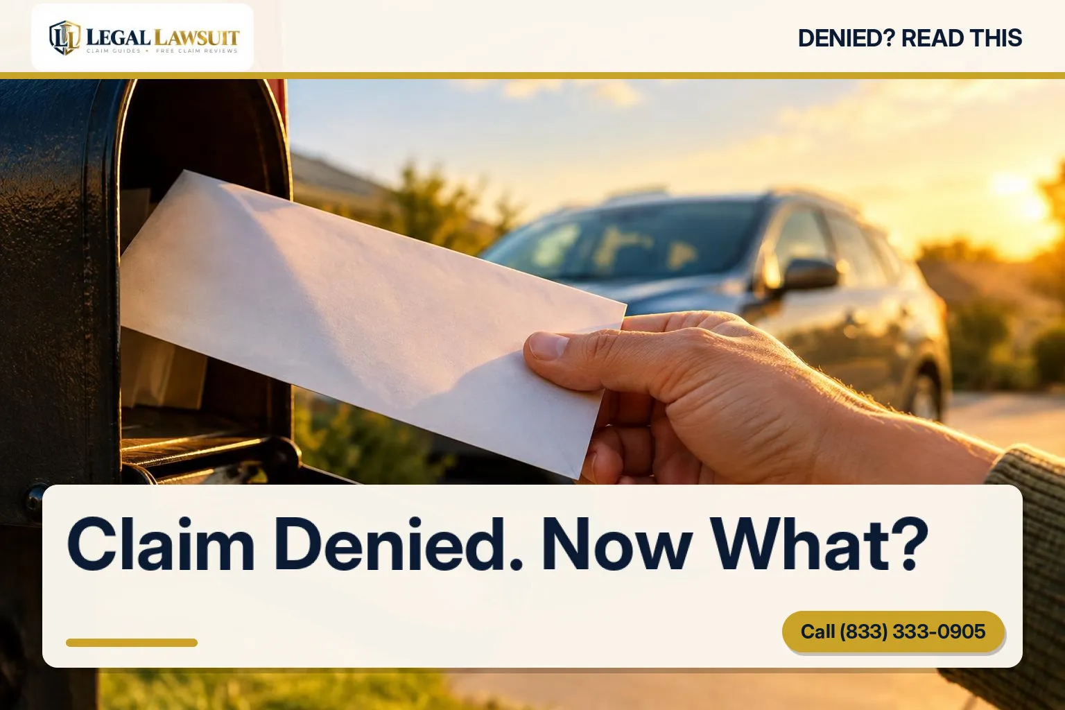 Hand pulling a letter from a mailbox at sunset, the moment before learning what to do when car insurance denies a claim