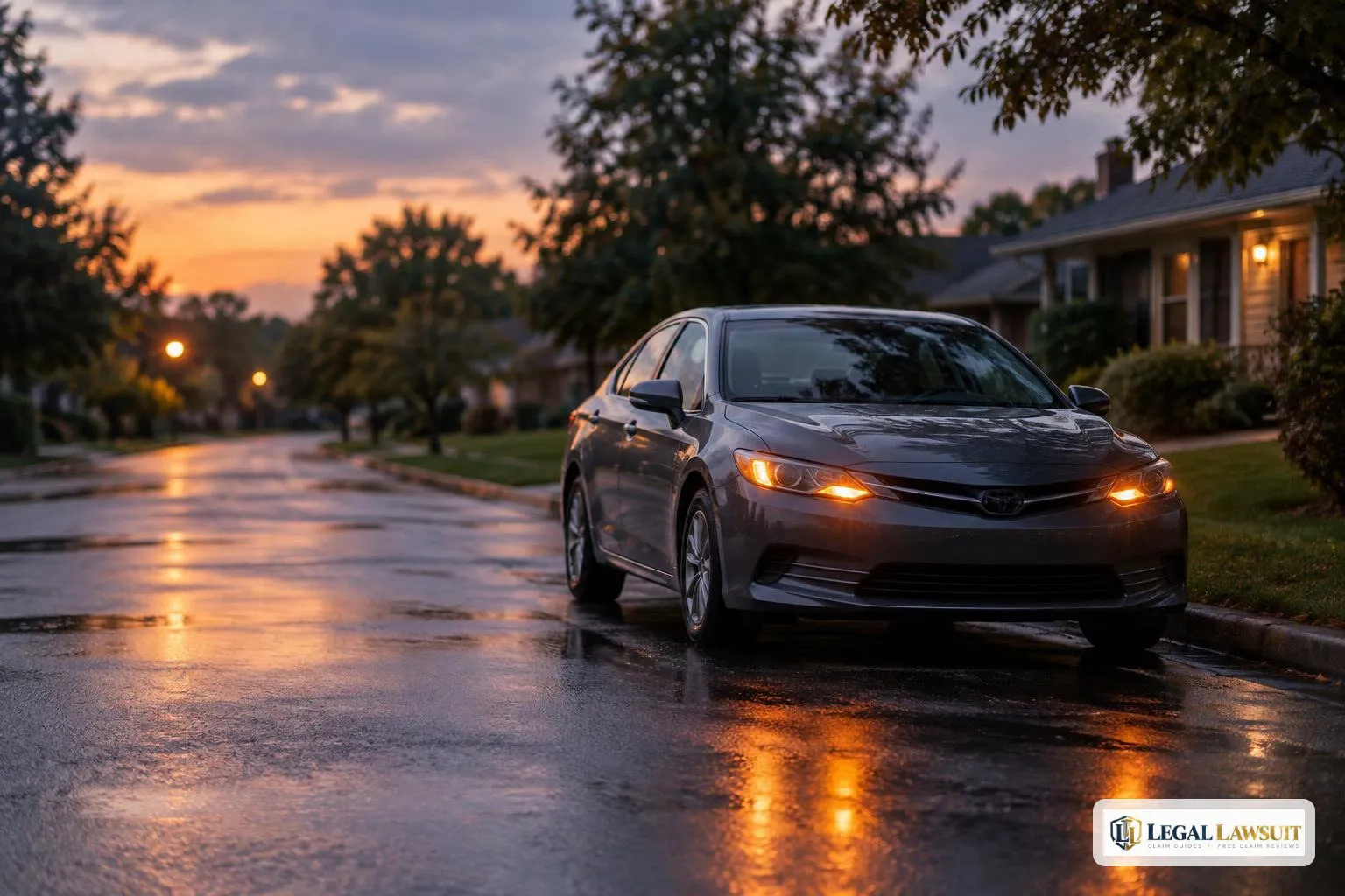 Parked car with hazard lights glowing at dusk, illustrating common reasons car insurance claims are denied