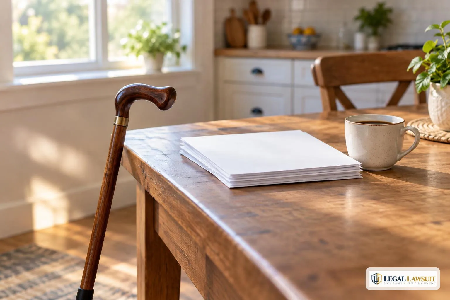 Cane against a kitchen table with blank paperwork, representing a workers comp settlement SSDI offset review