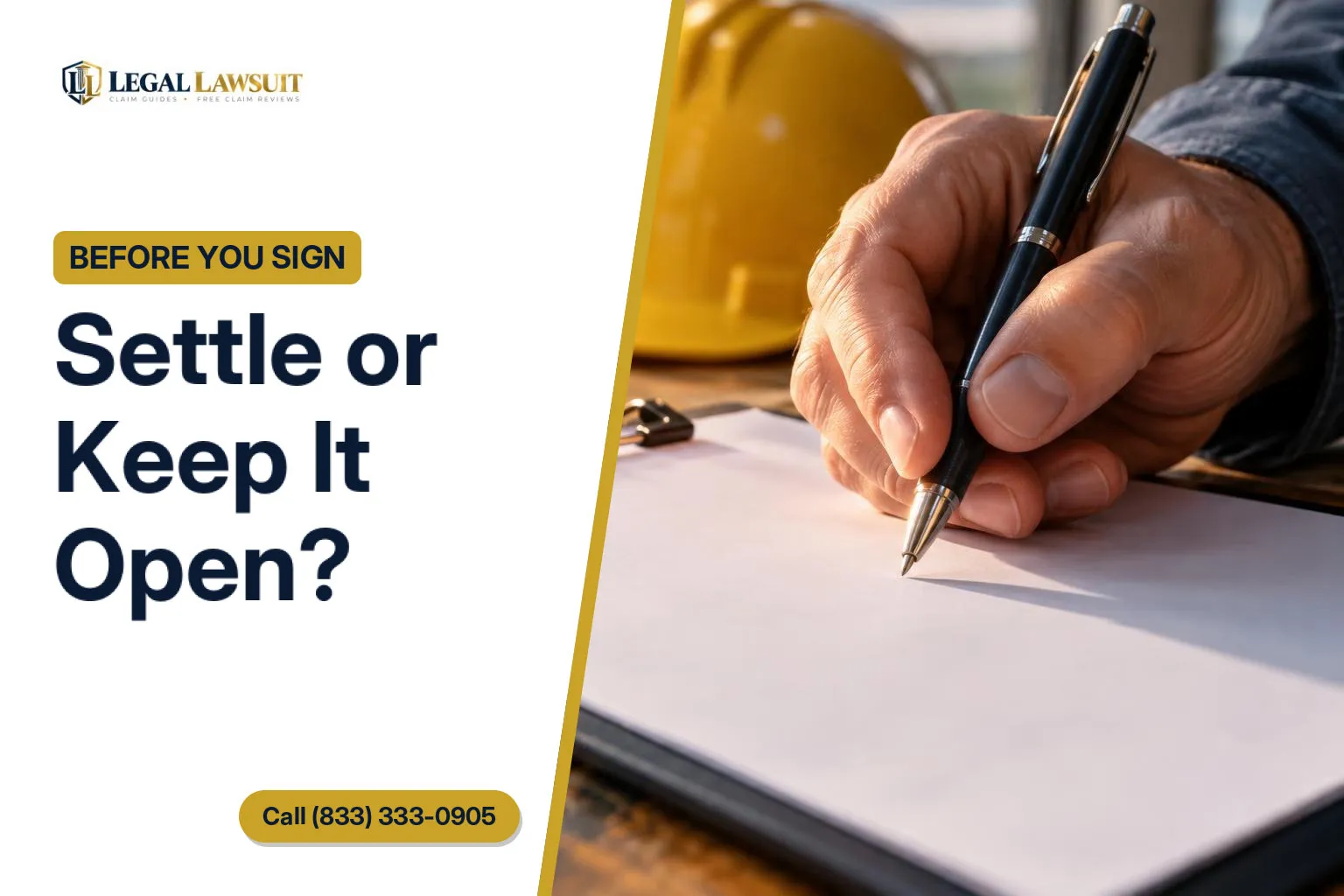 Pen hovering over a blank form while deciding on a workers comp settlement or keep claim open