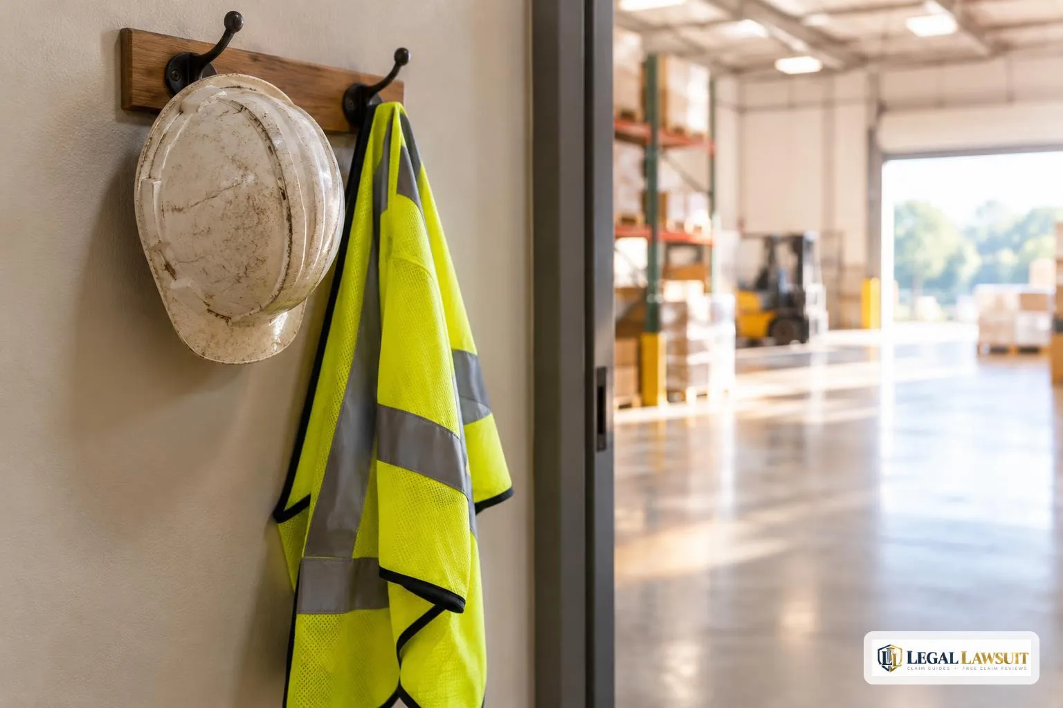 Hard hat on a hook in a workplace doorway, illustrating compromise and release vs stipulated award choices
